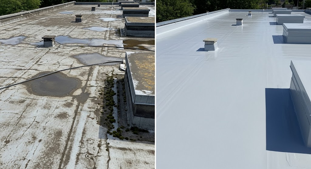 Laje de cobertura antes e depois da impermeabilização com membrana branca