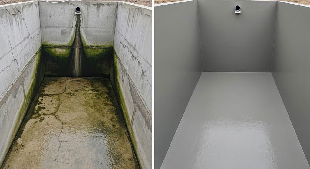 Reservatório de água de concreto impermeabilizado internamente